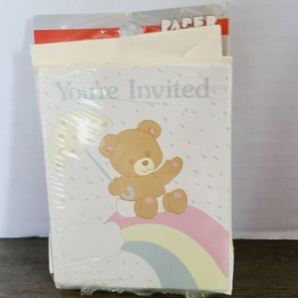Vintage 80s 90s Paper Art Company Cute Kawaii Pastel Teddy Bear Invitations - Picture 1 of 9